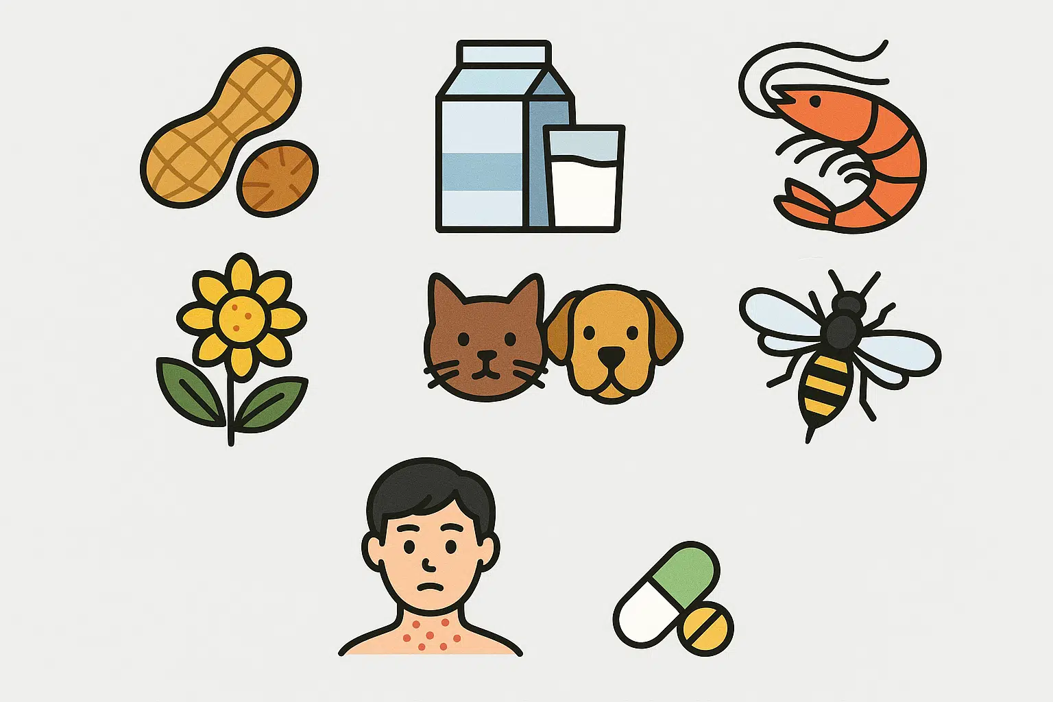 식품 알러지(땅콩, 우유, 새우), 호흡기 알러지(꽃가루, 반려동물 털), 피부 알러지(발진, 두드러기), 약물과 벌독