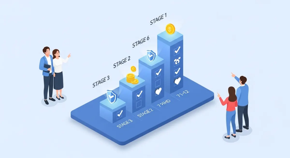 사후지급금 폐지로 초기 수령액이 극대화된 2026년 육아휴직 급여의 기간별 상한액 변화를 시각화한 3차원 인포그래픽과 이를 만족스럽게 바라보는 한국인 부부의 아이소메트릭 샷