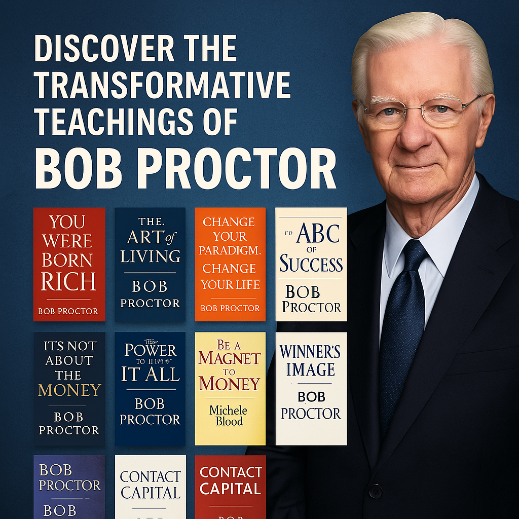 밥 프록터 책 더미 위에 손을 얹은 모습
'You Were Born Rich' 책 표지를 들고 있는 사람
머릿속에서 빛이 퍼져나가는 뇌 아이콘
부의 흐름을 상징하는 황금빛 에너지 흐름
사다리를 오르는 사람 위로 '생각이 현실이 된다' 텍스트