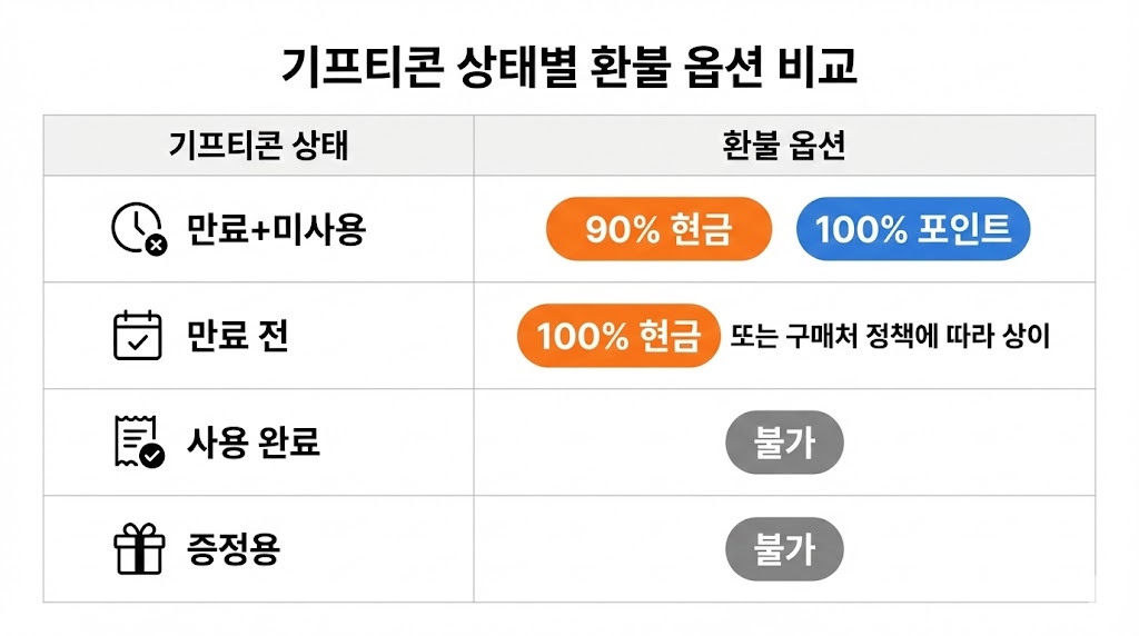 카카오톡 기프티콘 유효기간 만료 환불 2026: 90% 현금 vs 100% 포인트(조건표)