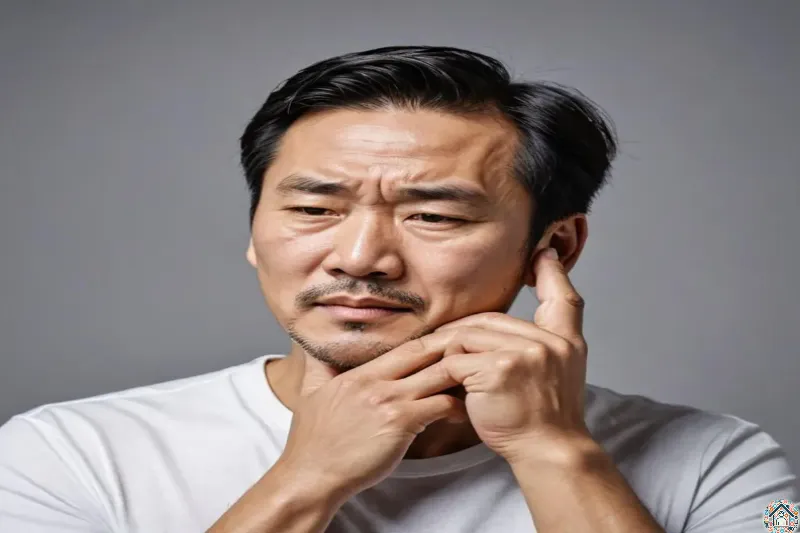 귀를 누르며 생각에 잠긴 중년 남성