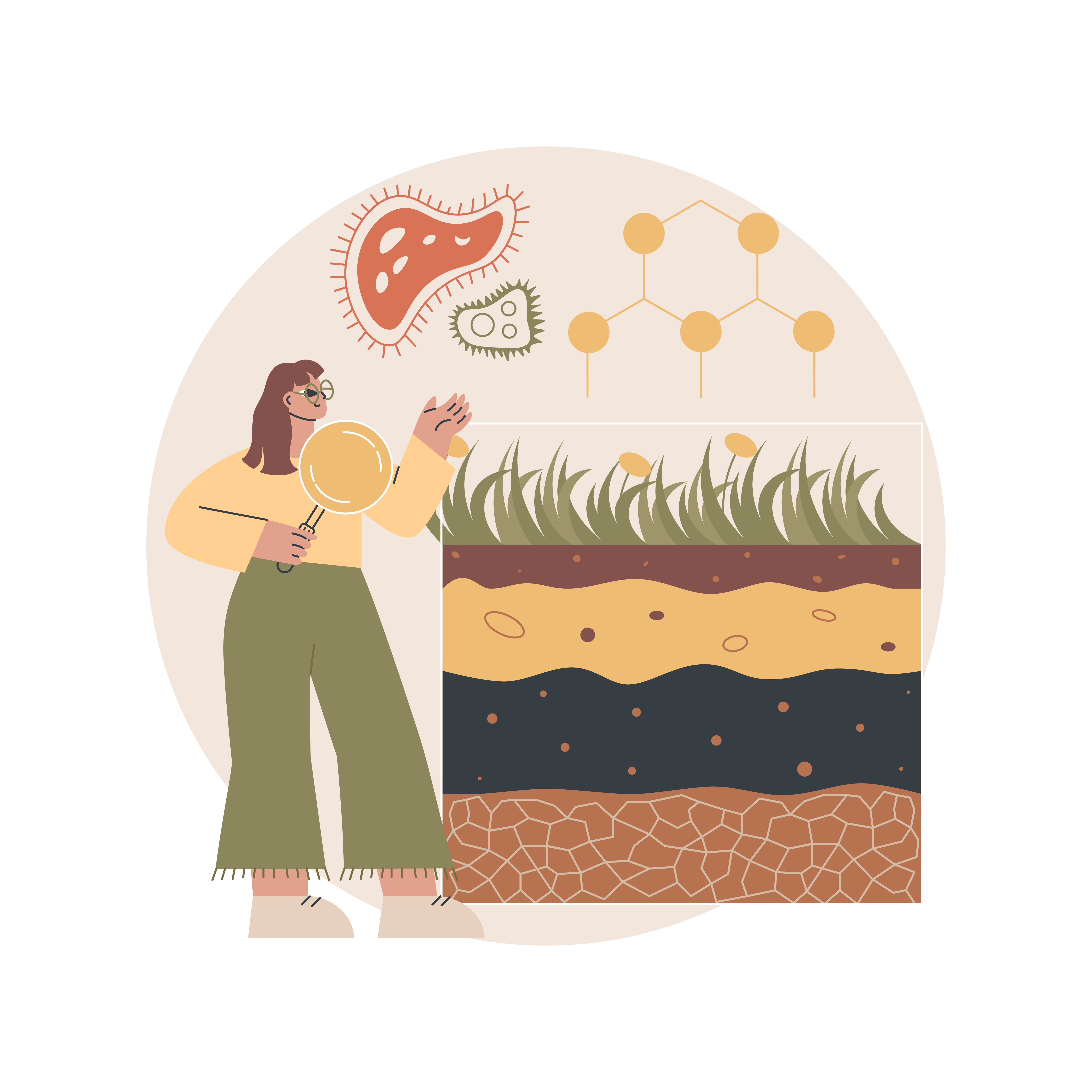 외부 미세입자와 환경 요인이 피부 표면 구조에 영향을 주는 과정을 개념적으로 표현한 일러스트