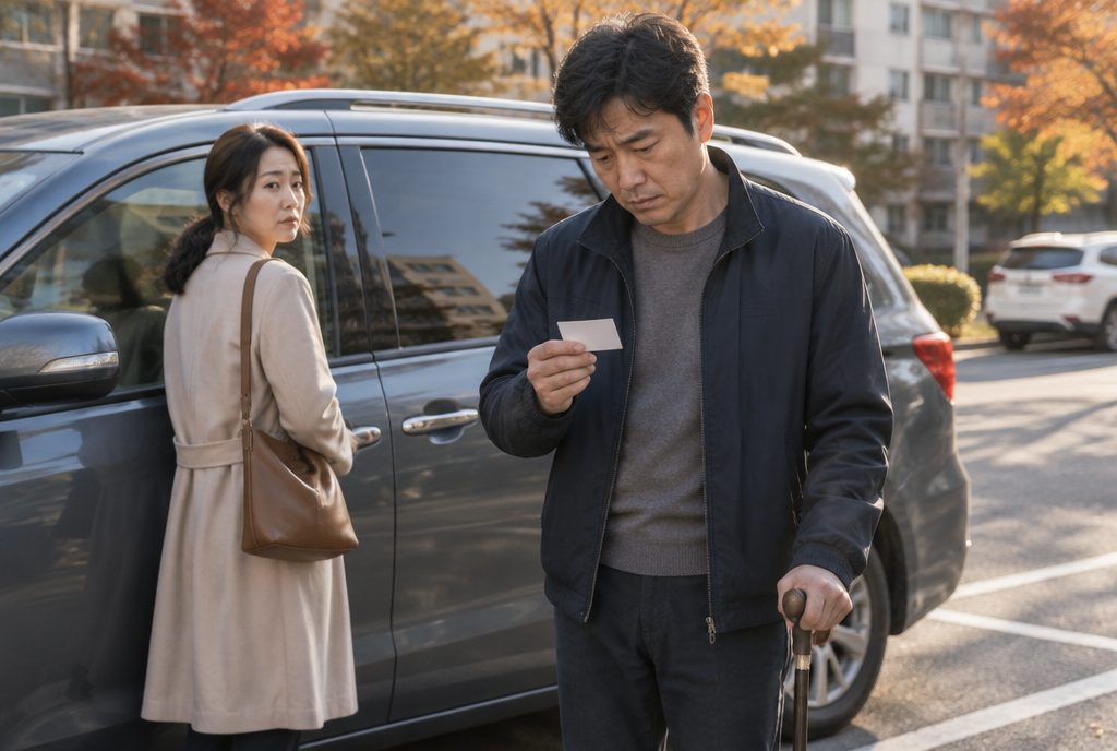 장애인 주차표지를 손에 들고 가족 차 옆에 선 편마비 아빠