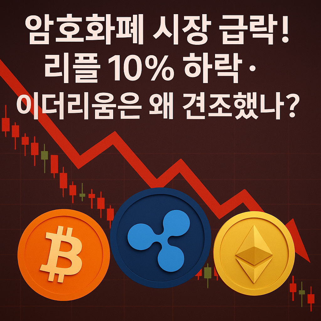 암호화폐 하락 그래프와 비트코인, 리플, 이더리움 로고가 포함된 뉴스 썸네일