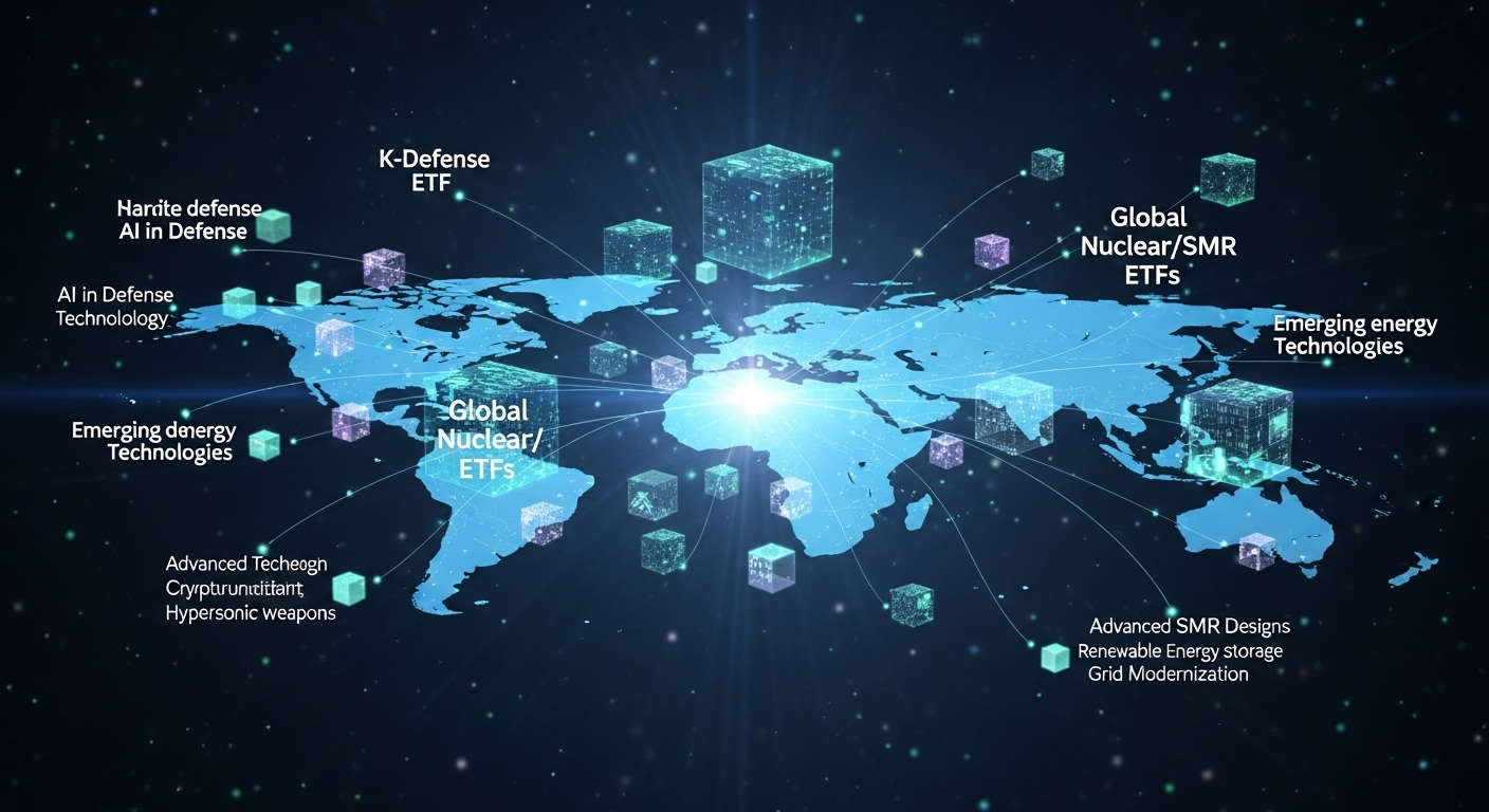 K방산, 글로벌 원자력 SMR 등 다양한 방산 및 원자력 ETF 심볼이 세계 지도와 연결된 디지털 시각화 자료.