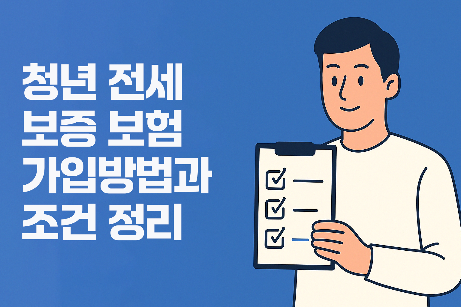 청년 전세 보증보험 가입방법과 조건 정리 - 파란 배경에 왼쪽은 안내 텍스트, 오른쪽에는 체크리스트를 들고 있는 청년 일러스트가 포함된 균형 잡힌 정보 이미지