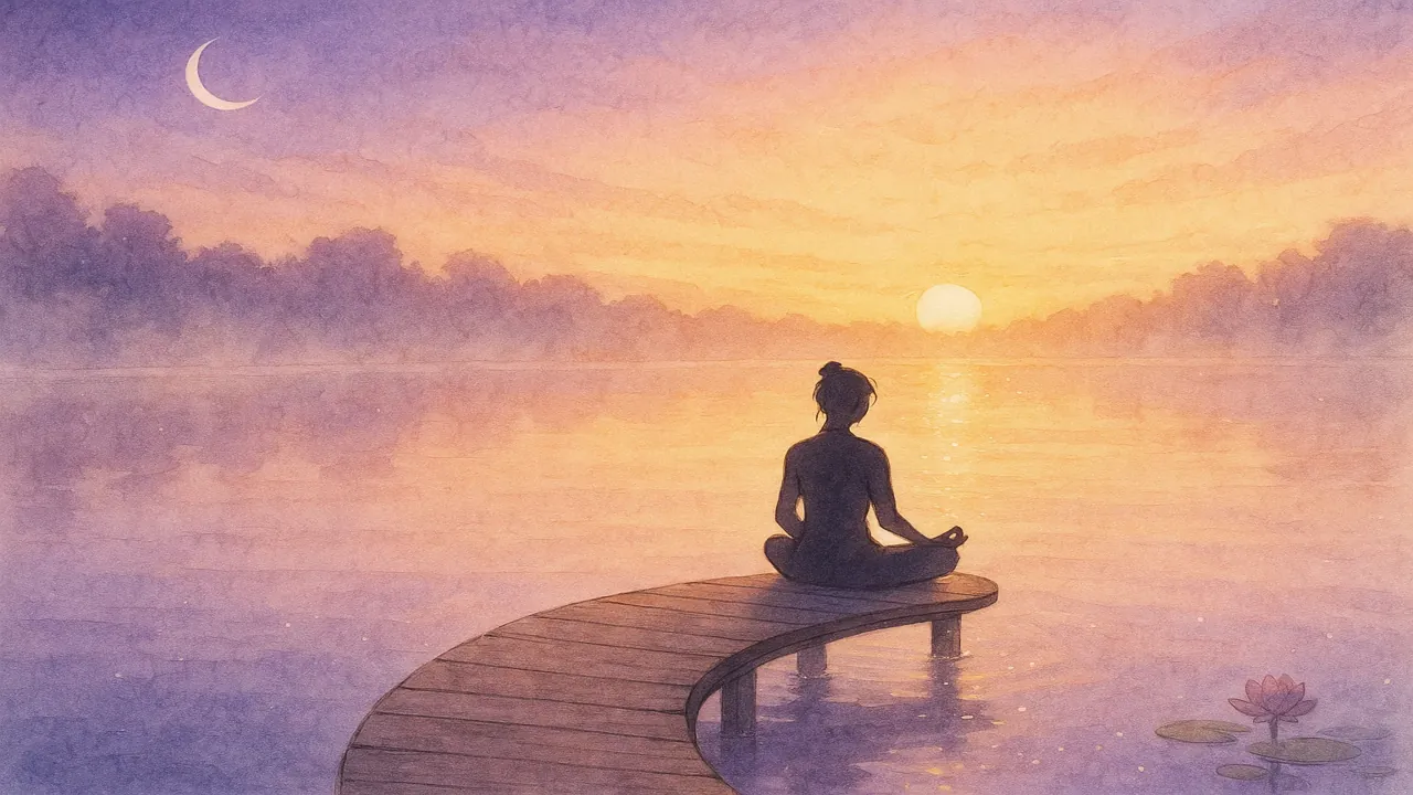 평화로운 호수 위에 떠오르는 일출과 함께 명상하는 실루엣 이미지로 마음의 평화와 치유를 상징