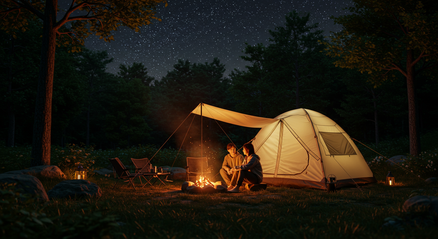 홍천 숲속 글램핑장에서 한국인 커플이 별빛 아래 캠프파이어를 즐기는 모습