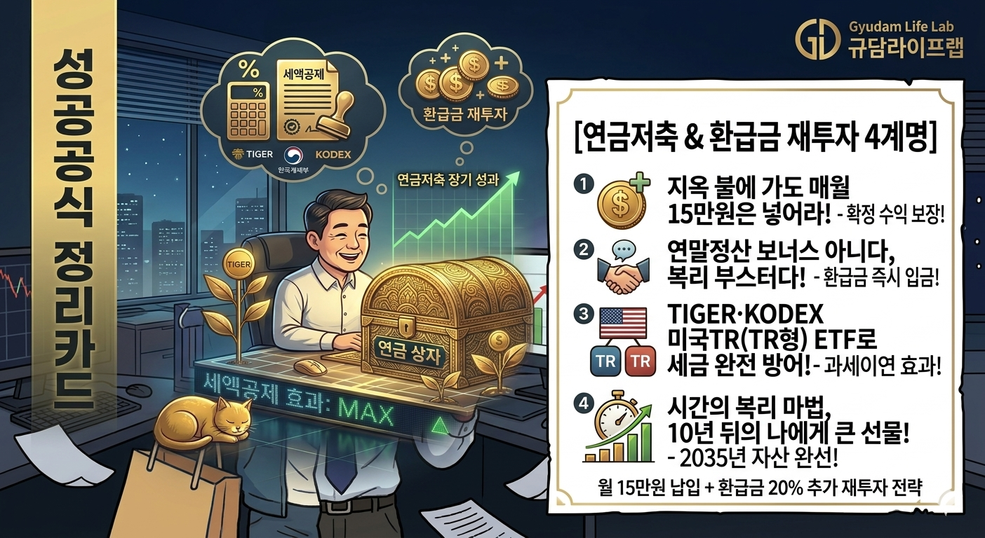 3050 재테크 4단계 연금저축 전략 요약 카드. 금색 보물 상자 위로 상승 화살표와 국세청 마크가 그려져 있고, 주변에 '세액공제', '환급금 재투자' 말풍선과 TIGER·KODEX TR형 ETF 로고가 배치됨. 우측에는 '연금저축 & 환급금 재투자 4계명'과 월 15만원 납입 방법이 적혀 있음.