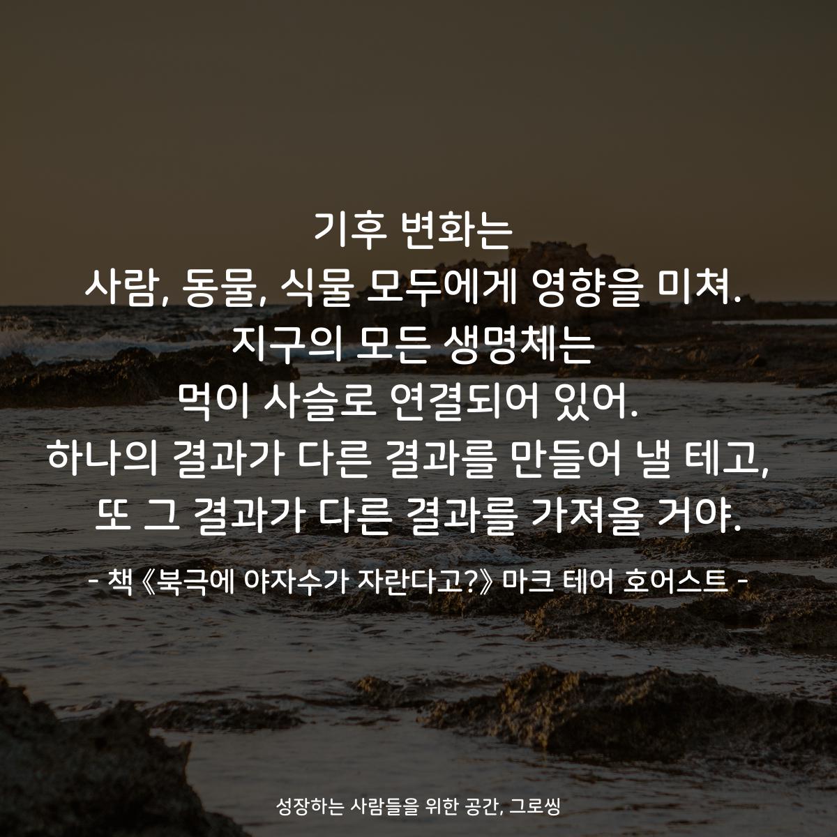 기후 변화는
사람, 동물, 식물 모두에게 영향을 미쳐.
지구의 모든 생명체는
먹이 사슬로 연결되어 있어. 
하나의 결과가 다른 결과를 만들어 낼 테고, 
또 그 결과가 다른 결과를 가져올 거야.