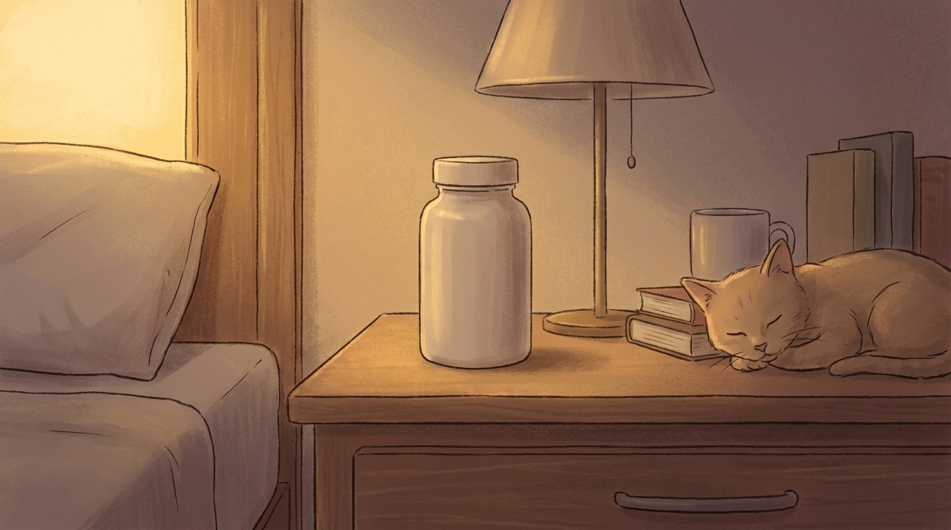 은은한 침실 조명 아래 놓인 수면 보조 제품