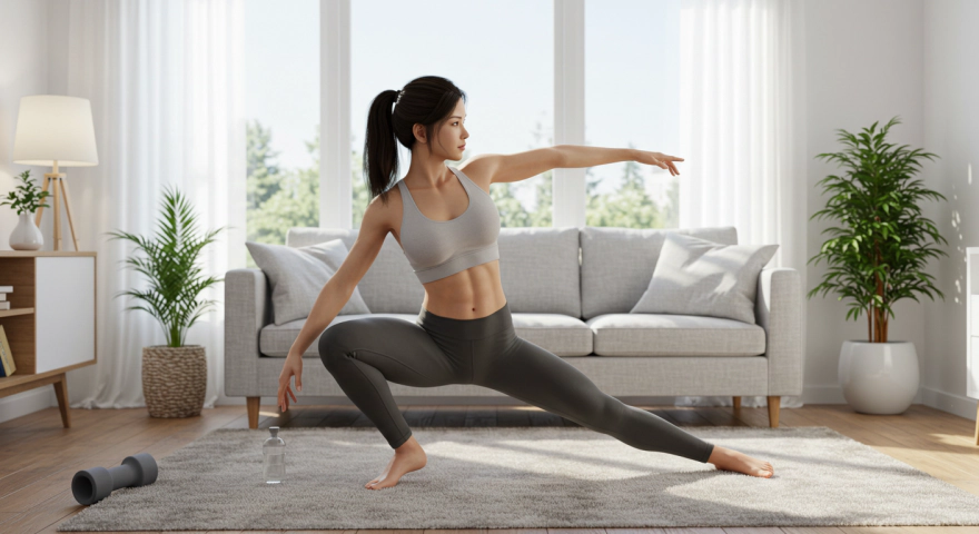 홈트레이닝 후 스트레칭하며 미소 짓는 여성
