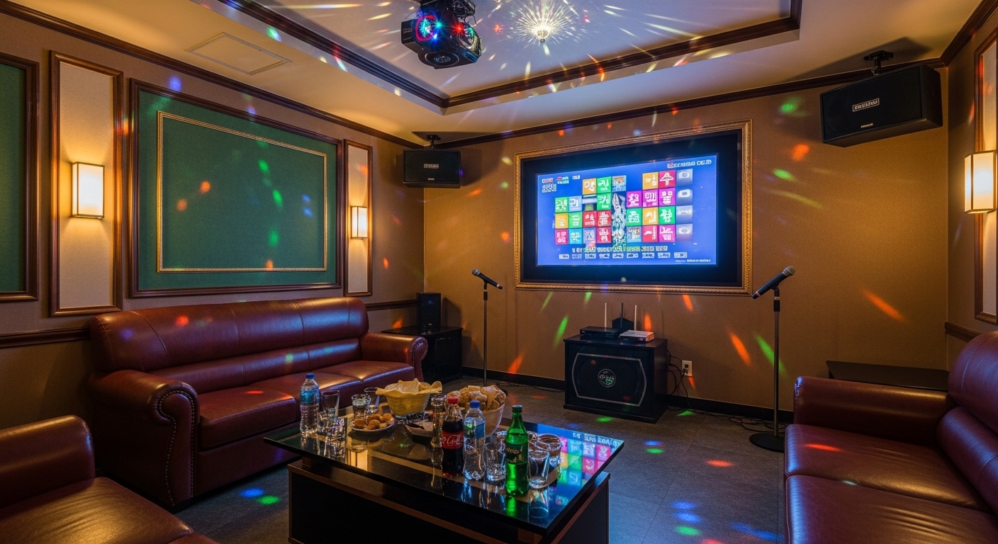 A brightly lit, spacious traditional Korean Noraebang room with comfortable seating, a large screen, and microphones, ready for a group singing session.