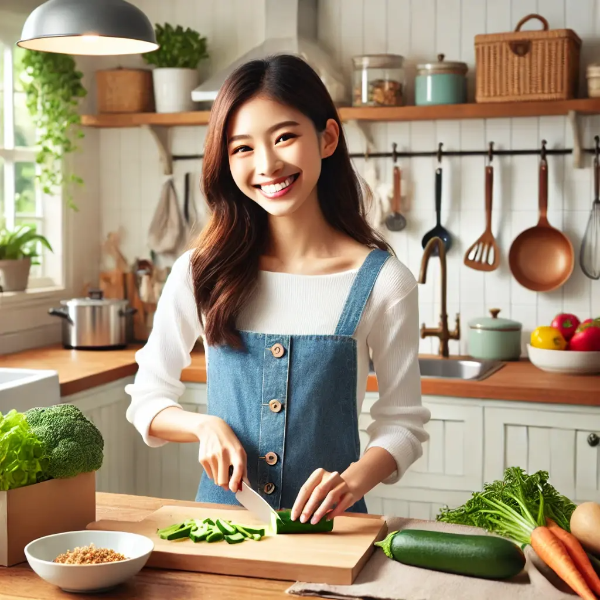 주방에서 건강한 저염식 식단을 준비하는 젊은 아시아 여성