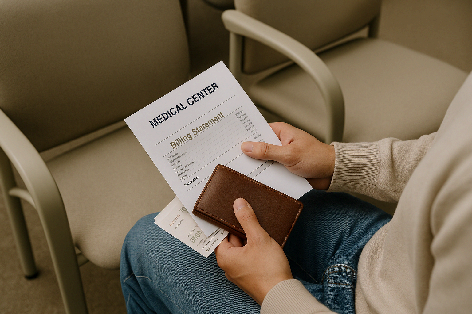 병원비 영수증과 지갑을 들고 있는 모습