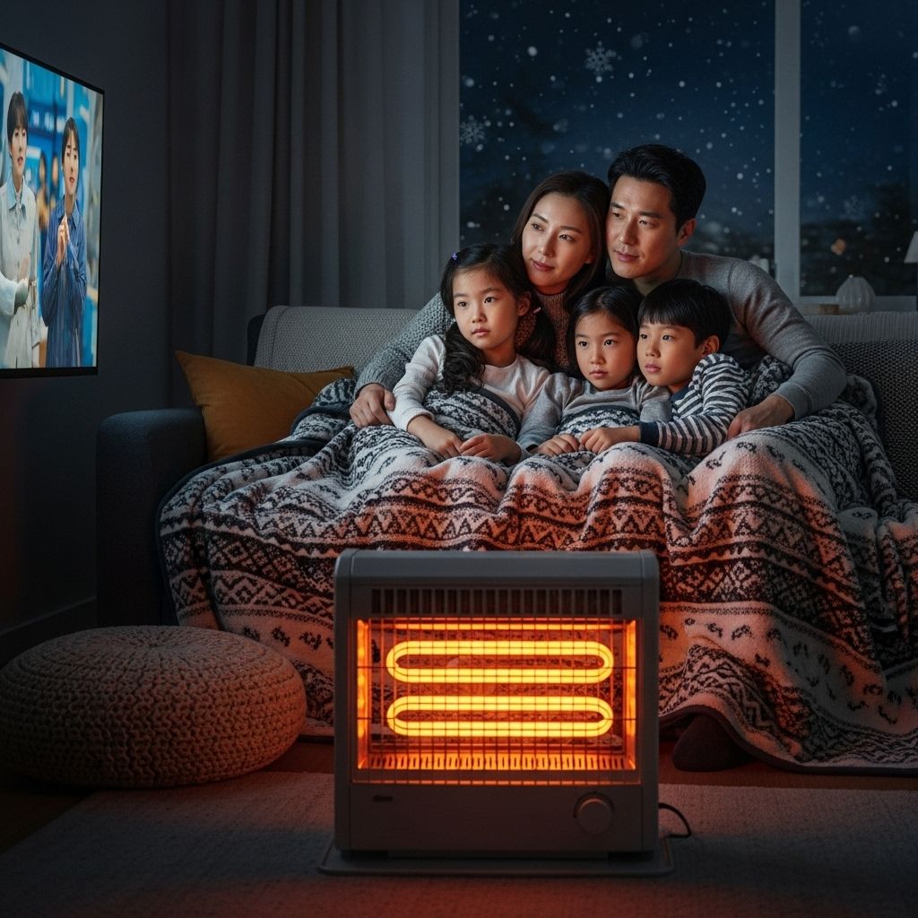 크리스마스 선물, 거실에서 TV를 보고 있는 가족