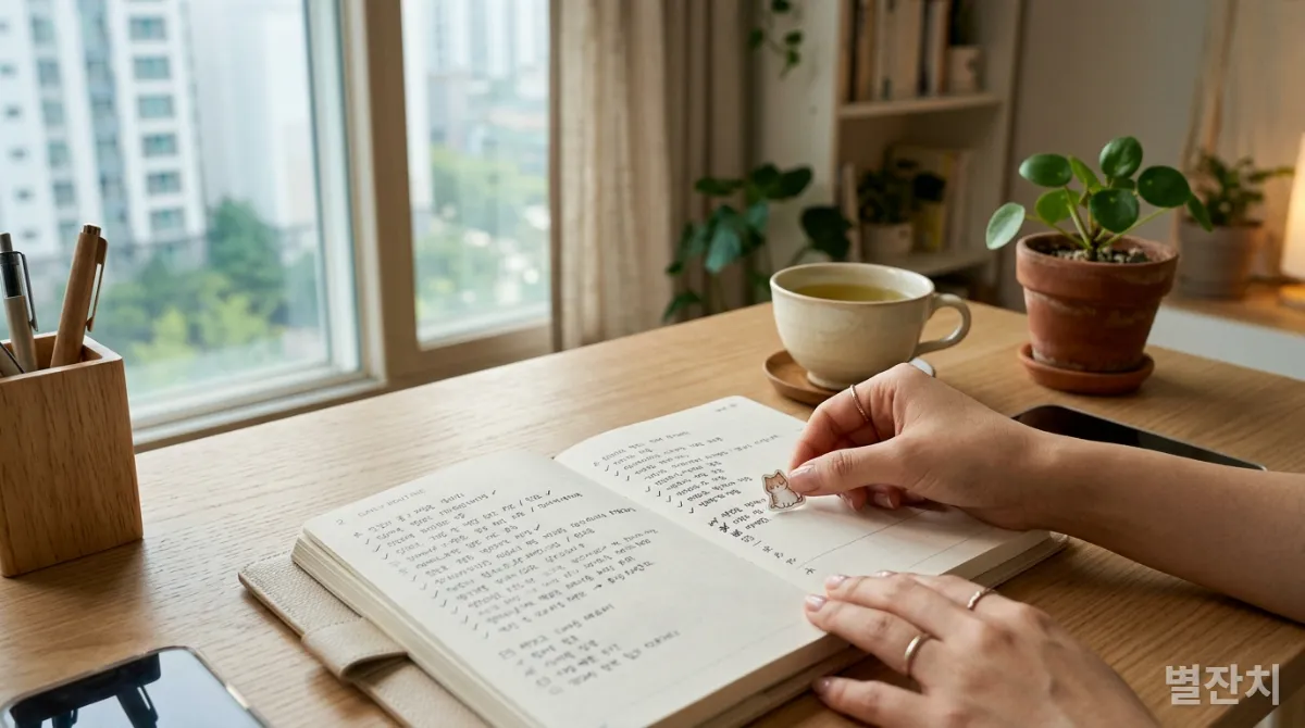 한국 아파트의 책상 위 플래너에 작은 루틴을 기록하고 실천하는 모습