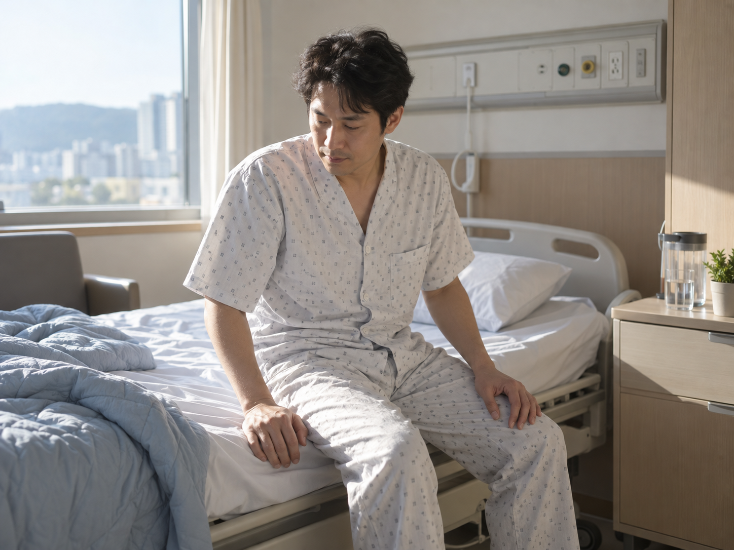 교통사고 후 입원 중 아침 움직임을 확인하는 모습