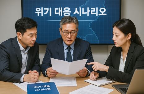 공직자들이 재난 및 사이버 위협 대응 매뉴얼을 점검하는 회의 장면