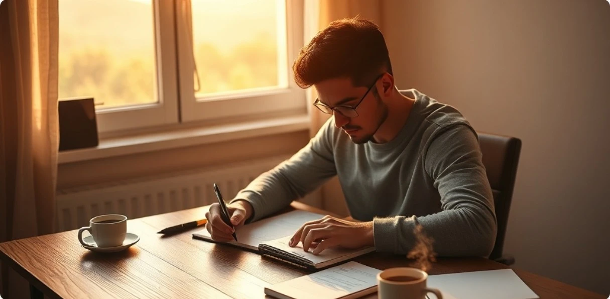 새벽에 책상에서 공부하는 사람