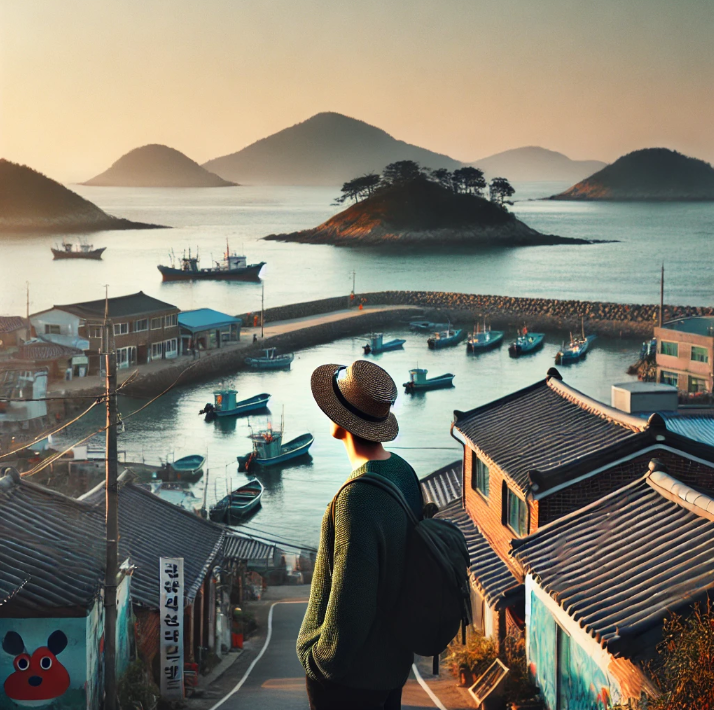 대한민국 통영의 고요한 해안 풍경으로, 바다 근처에 홀로 서 있는 여행자가 인근 섬과 어선을 감상할 수 있습니다. 부드러운 오후 햇살과 멀리 있는 전통 옥상, 동피랑 마을의 다채로운 벽화 등 평화로운 분위기입니다. 여행자는 해변 마을의 차분하고 예술적인 매력을 만끽하며 여유롭고 사색적인 모습을 보입니다
