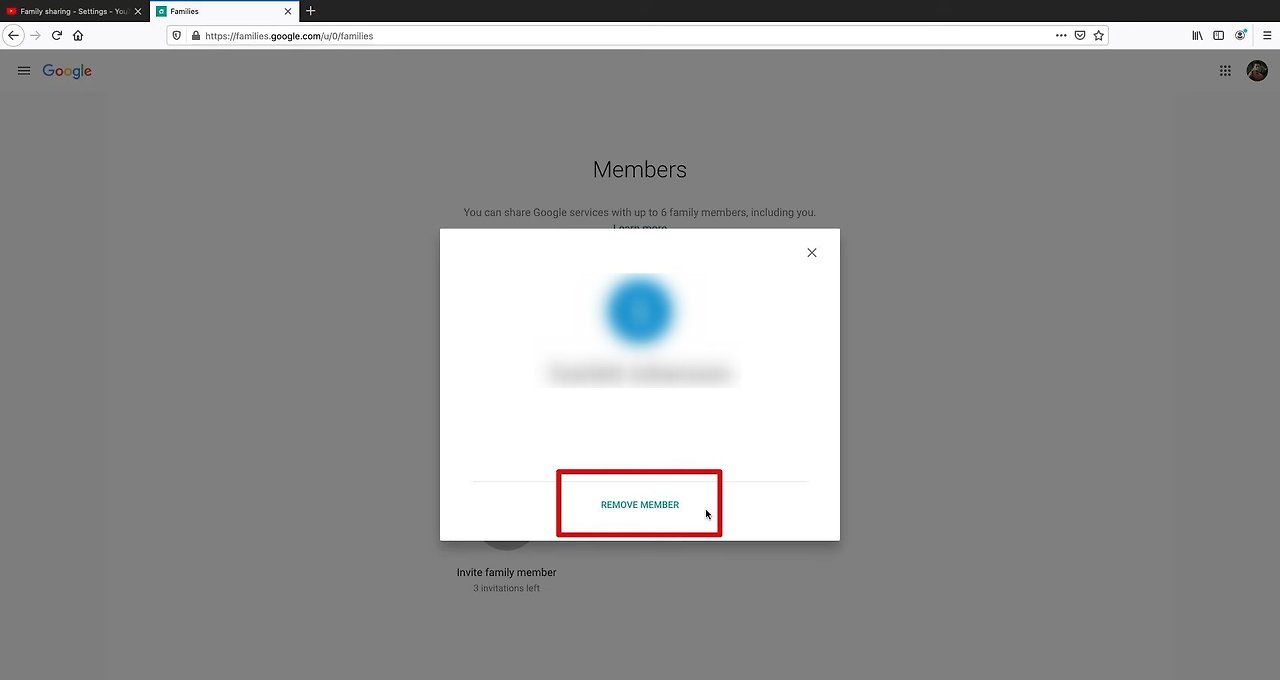 유튜브 TV 설정 메뉴의 가족 구성원 제거
