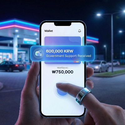 어두운 밤, 주유소의 화려한 네온 사인이 보케(Bokeh) 효과로 번져 있는 배경 앞에서 스마트폰 화면을 클로즈업한 사진. 화면에는 '고유가 특별 지원금 600,000원 입금 완료'라는 푸시 알림 메시지가 선명하게 떠 있으며, 현대적인 금융 앱 UI가 신뢰감을 줌. 힘든 경제 상황 속에서 한 줄기 희망을 상징하는 시네마틱한 8k 이미지