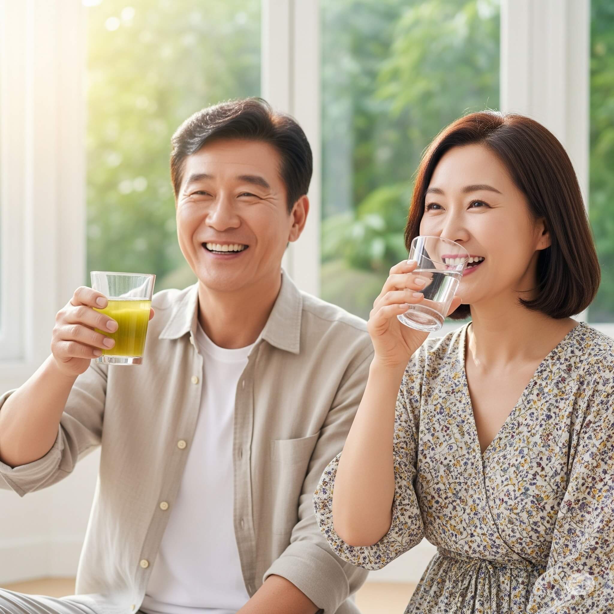 50대 부부가 여름철 건강 관리를 위해 밝게 웃는 모습