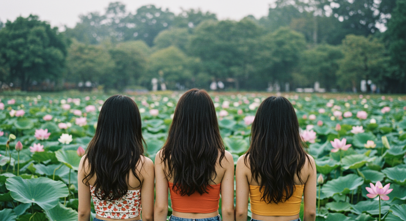연꽃을 보고있는 세 여성
