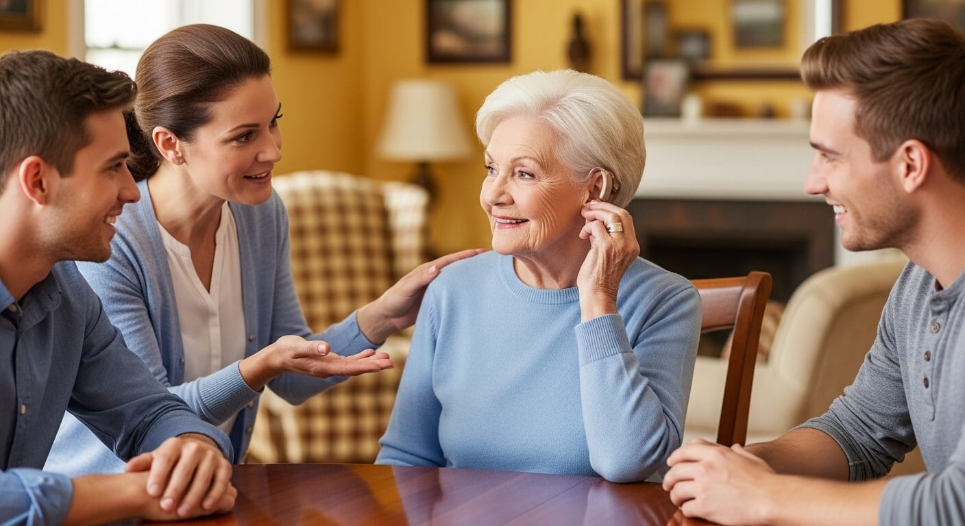가족이 둘러앉아 고령 여성이 보청기를 착용하는 모습을 지켜보는 장면