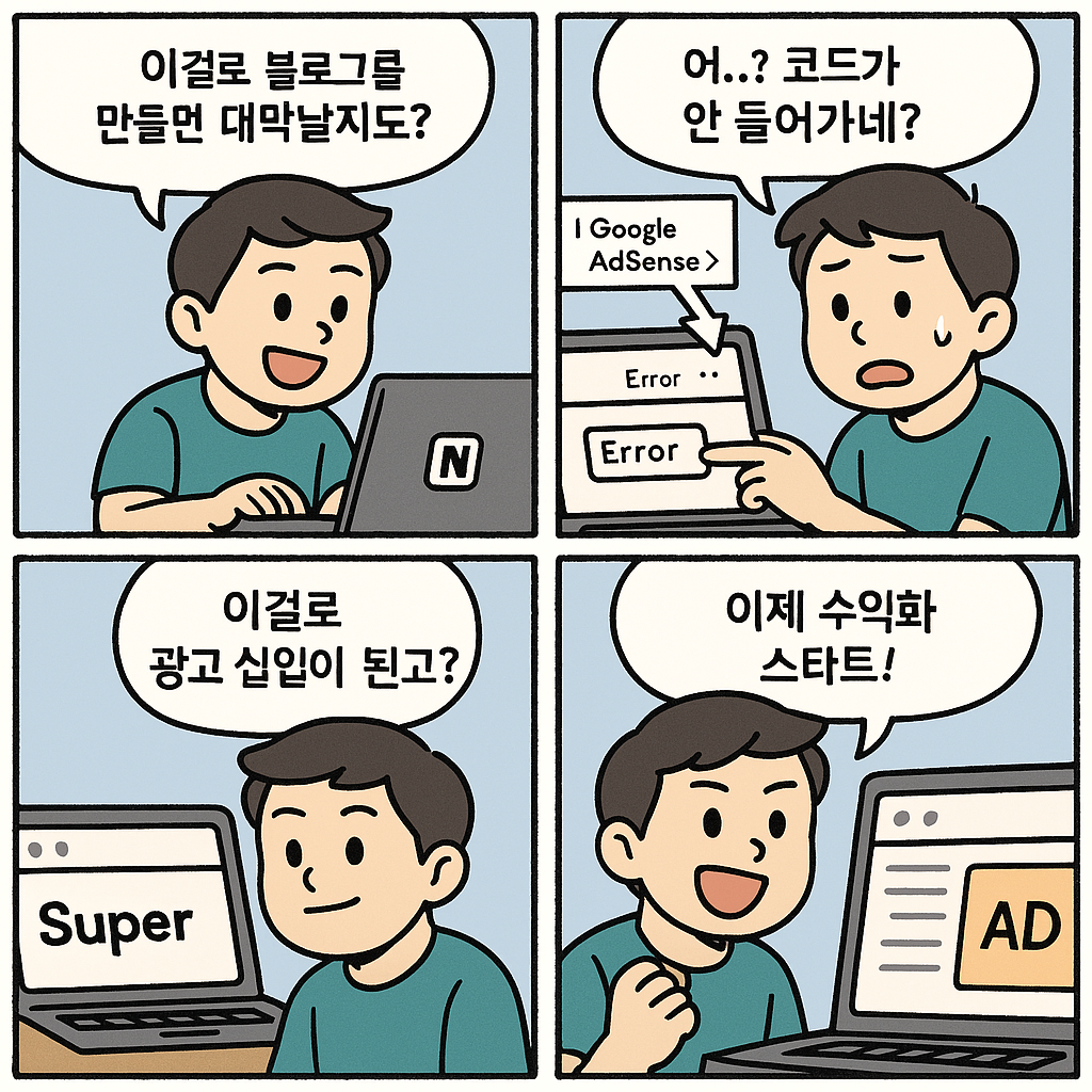 첫 번째 컷:
노션을 사용하며 환한 표정으로 &quot;이걸로 블로그를 만들면 대박날지도?&quot;라고 말하는 사람.
노션 화면이 배경에 보인다.

두 번째 컷:
구글 애드센스 광고 코드를 노션에 붙여넣으려다 에러 메시지를 보고 어리둥절한 표정.
&quot;어..? 코드가 안 들어가네?&quot;라는 말풍선이 있다.

세 번째 컷:
'Super.so' 웹사이트를 보고 감탄하는 사람.
말풍선: &quot;이걸로 광고 삽입이 된다고?&quot;

네 번째 컷:
노션 기반 웹사이트에 광고가 정상적으로 노출된 것을 보며 만족하는 사람.
말풍선: &quot;이제 수익화 스타트!&quot;