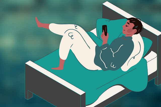 침대에-누워-스마트폰을-보고-있는-남자-일러스트