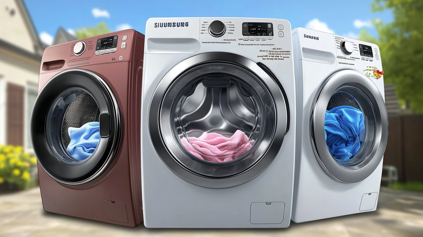 삼성의 세탁기가 전통적인 경쟁 모델에 비해 기술적 발전과 효율성을 강조한 세탁기 유형 비교 시각 자료입니다. 명확하고 정보 전달이 뛰어난 일러스트입니다.