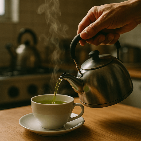 뜨거운 녹차를 컵에 따르고 있는 모습