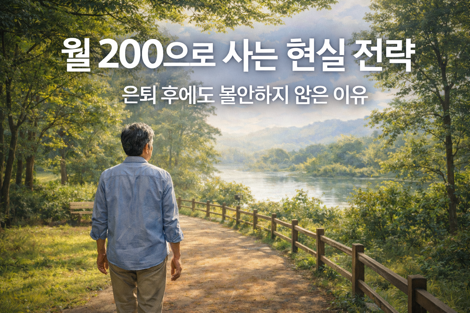 공원 산책로를 따라 호수를 바라보며 걷는 중년 남성의 뒷모습, 월 200으로 사는 현실 전략을 주제로 한 은퇴 후 경제 에세이 대표 이미지