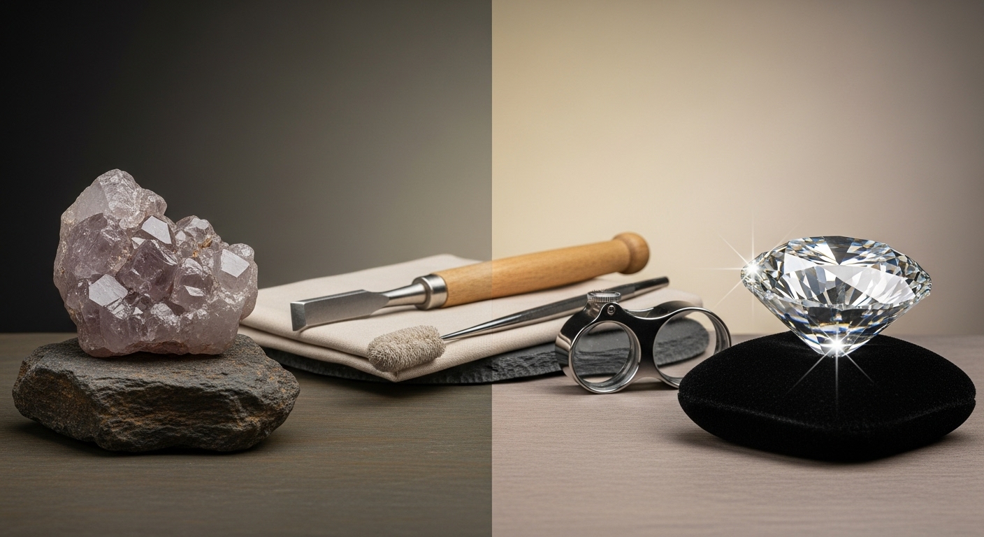 잠재력을 상징하는 원석과 잘 가공된 보석. 자기계발 도구를 통해 원석을 보석으로 만들어가는 과정은 MBTI를 활용한 성장을 의미한다.