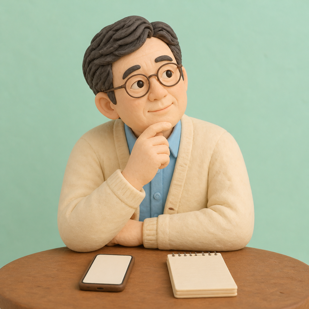 카페 테이블에 휴대폰과 메모장을 두고 고민하는 중년 남성