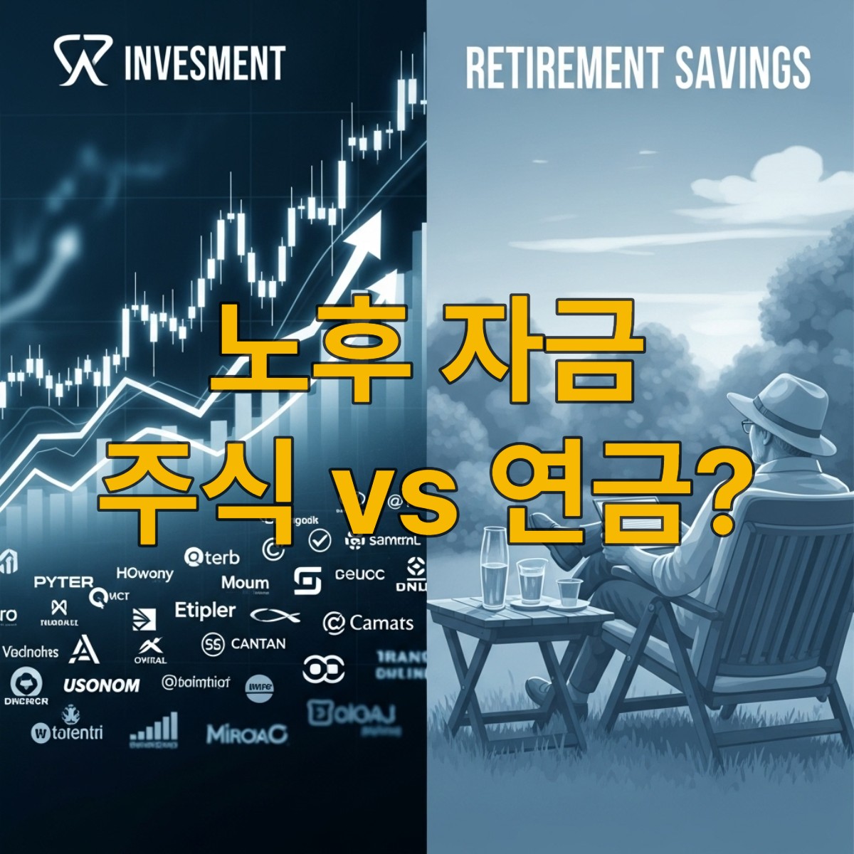 노후 자금 마련을 위한 주식 투자와 연금의 두 가지 경로를 보여주는 이미지. 왼쪽에는 활기찬 주식 시장 그래프와 상승하는 화살표, 오른쪽에는 안정적인 연금으로 여유로운 노후를 보내는 모습.
