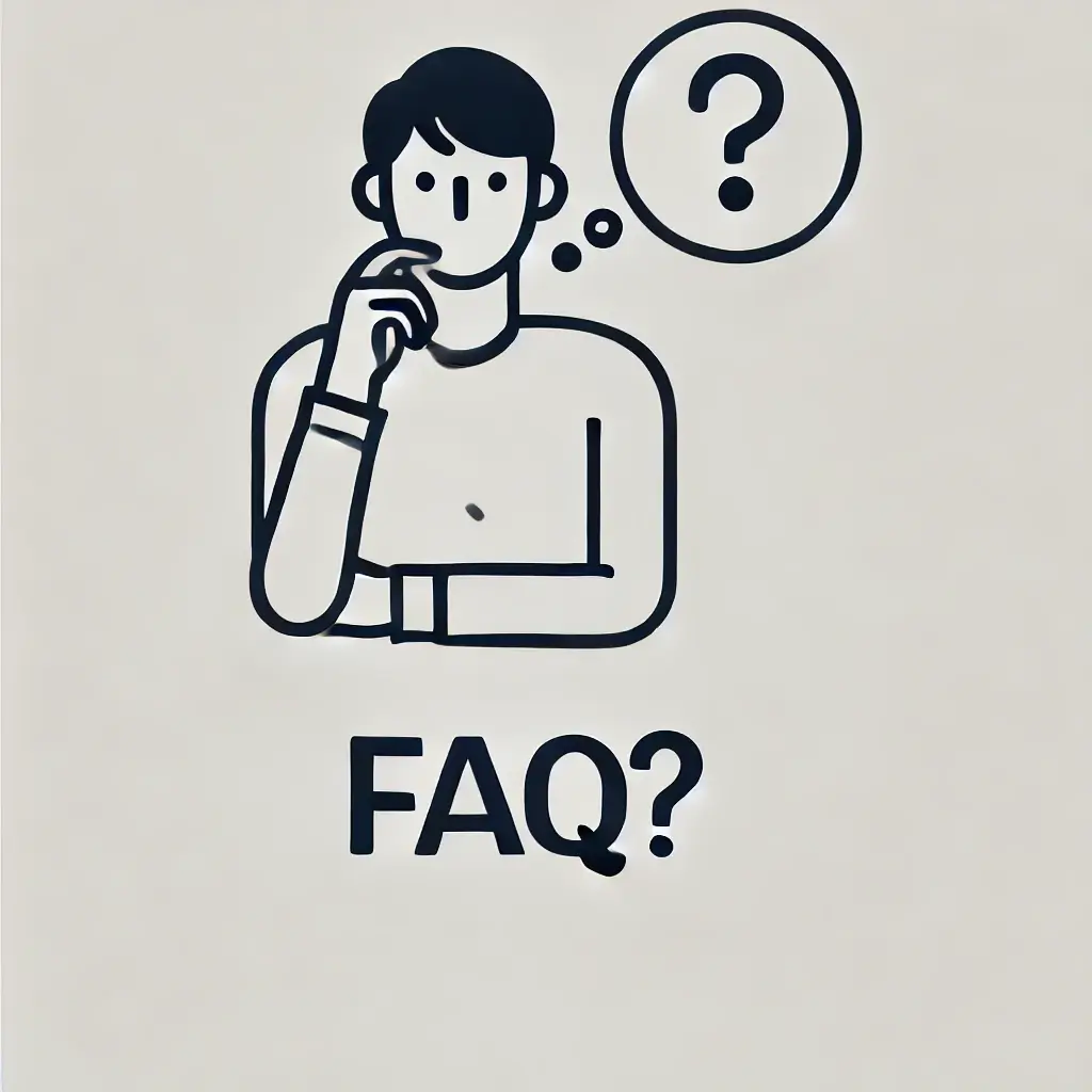 생각 풍선에 FAQ를 떠올리며 고민하는 청년의 모습.