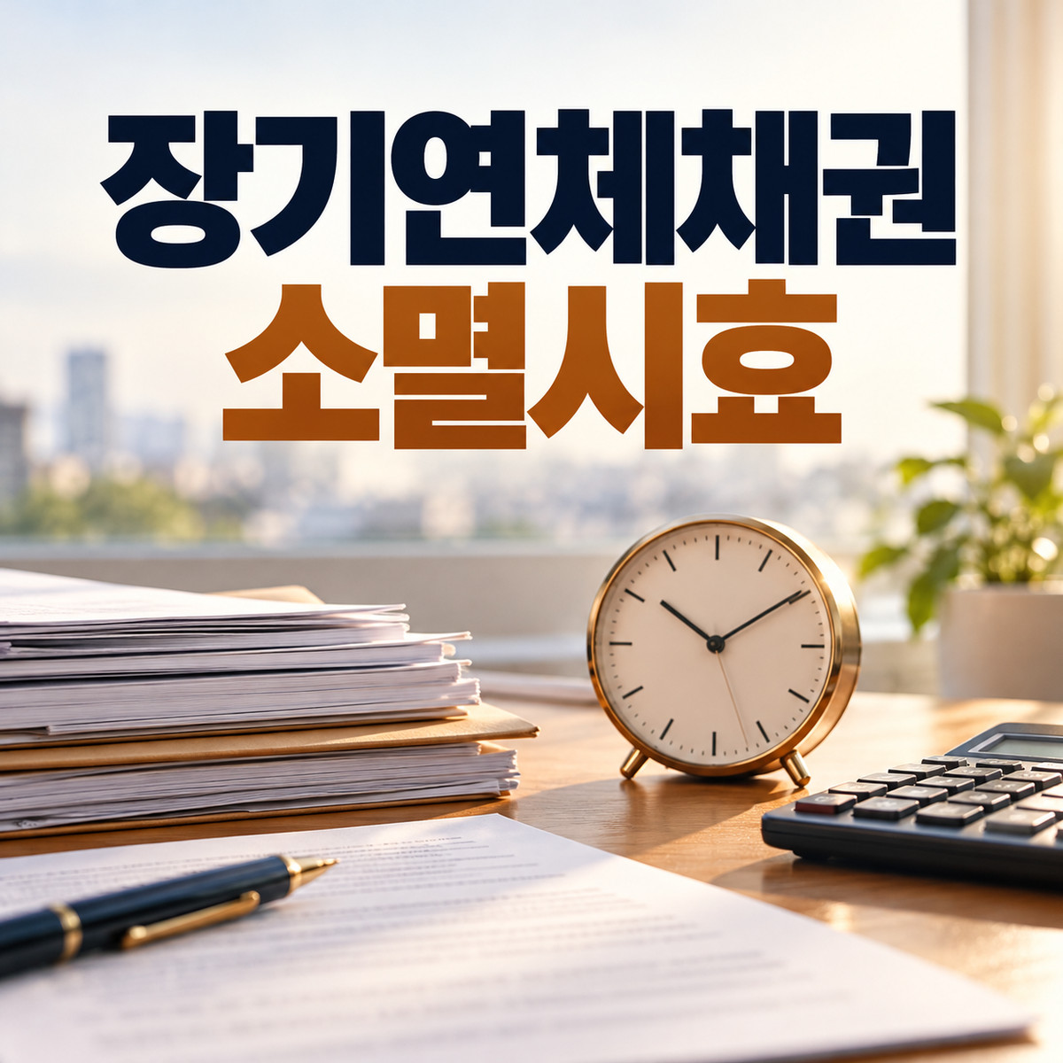 서류와 탁상시계 위로 장기연체채권 소멸시효 문구가 보이는 대표 이미지