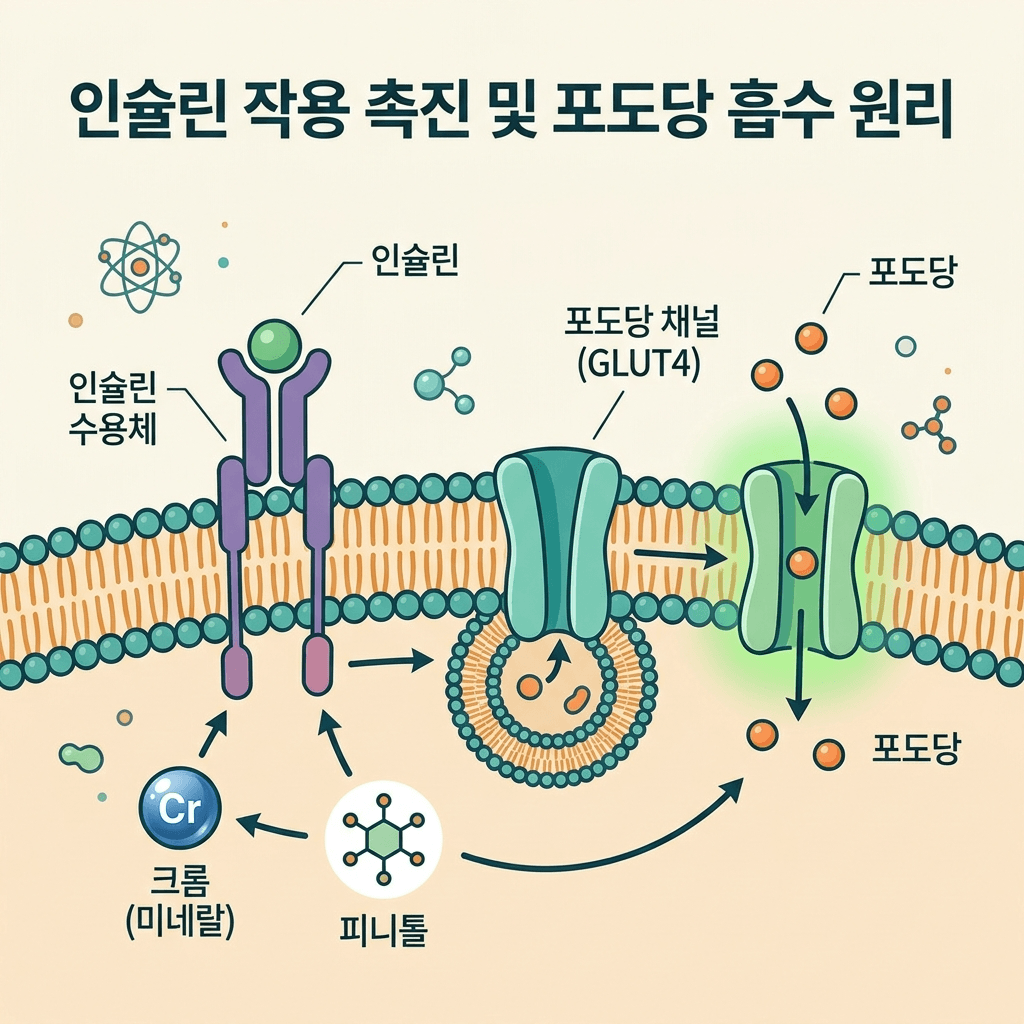 크롬과 피니톨의 인슐린 신호 보조 작용 일러스트