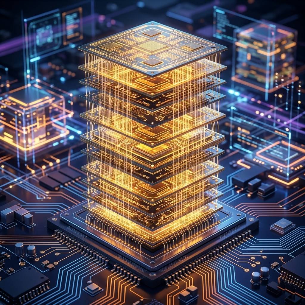 여러 층으로 높게 쌓인 황금빛 반도체 칩들이 미세한 선으로 연결된 3D 렌더링 이미지