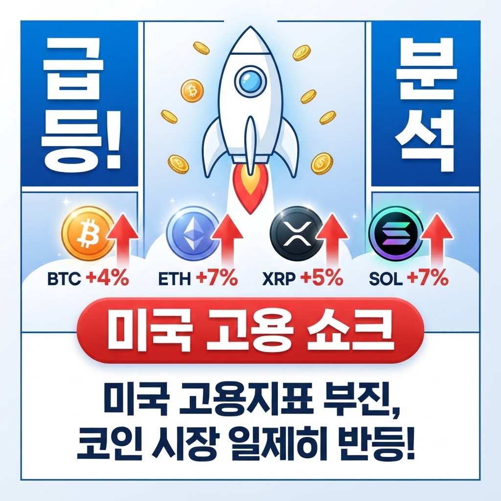 미국 고용지표 부진으로 인한 비트코인, 이더리움, 리플, 솔라나의 급등 현황을 보여주는 인포그래픽