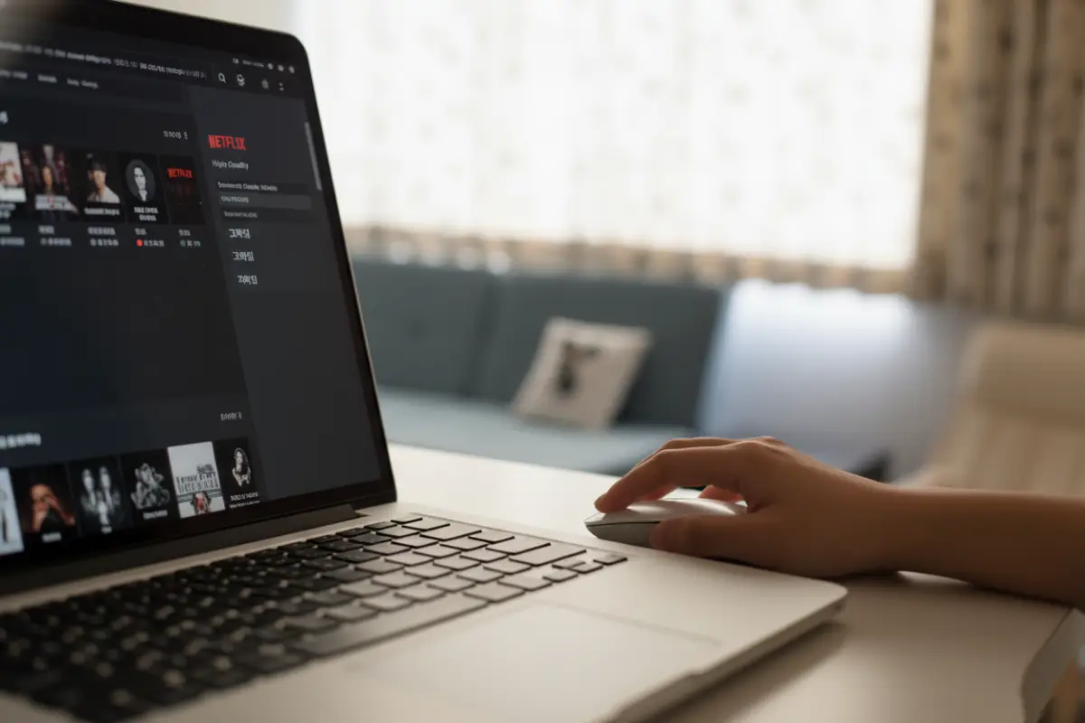 넷플릭스 재생 설정에서 고화질을 클릭하는 손 클로즈업