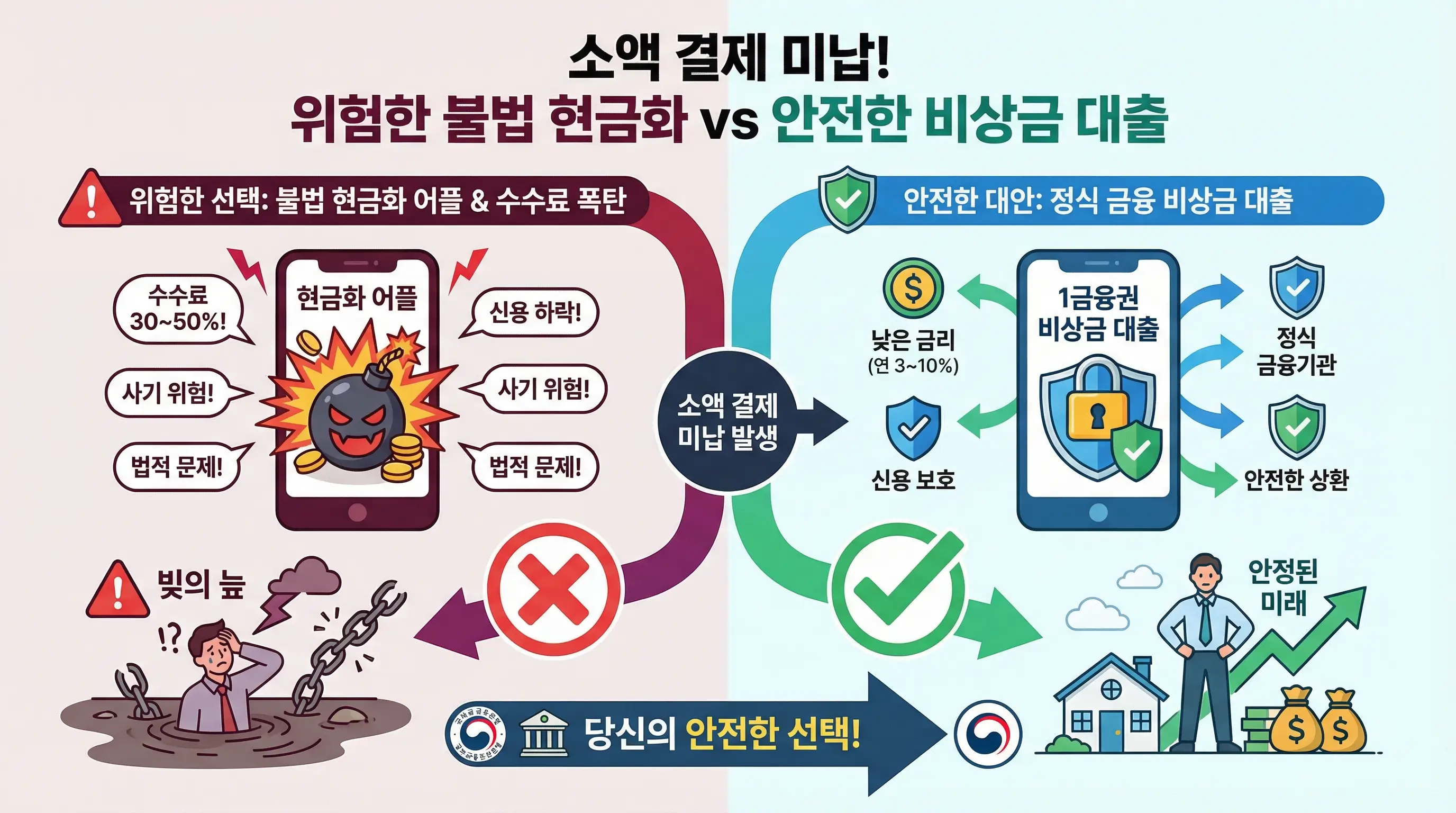 소액 결제 미납 시 불법 현금화 어플의 수수료 폭탄을 경고하고 안전한 비상금 대출을 대안으로 제시하는 인포그래픽