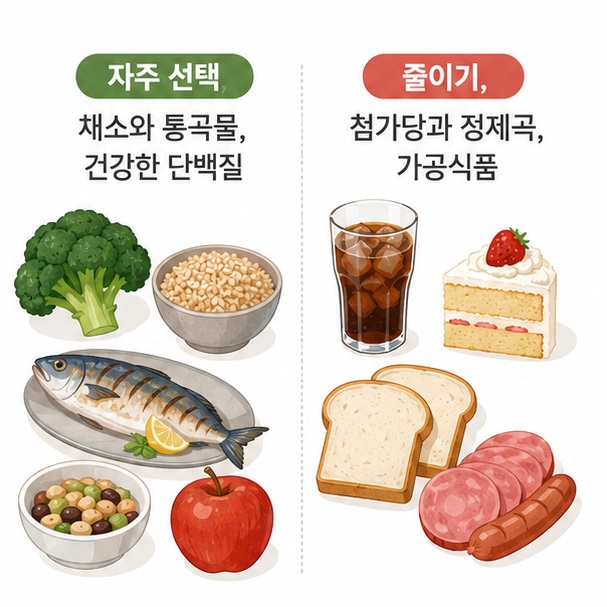 브로콜리와 현미, 생선과 콩류 같은 식품은 자주 선택하고 단 음료와 케이크, 정제곡과 가공육은 줄이는 당뇨 식사 선택법을 보여 주는 그림