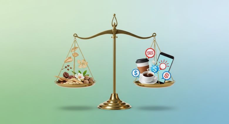 저울 양쪽에 건강한 식품과 커피·스마트폰·스트레스 요소가 균형을 이루는 모습, 워라밸과 건강한 생활 습관의 균형을 상징하는 이미지
