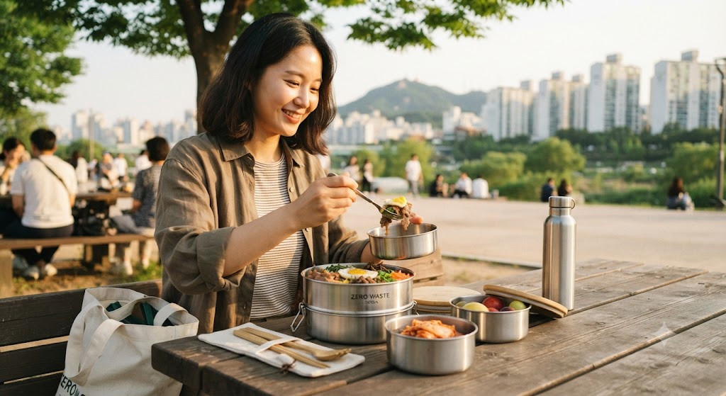 다회용기 이용해서 소풍나온 모습, 일상 속 녹색생활 실천의 모습