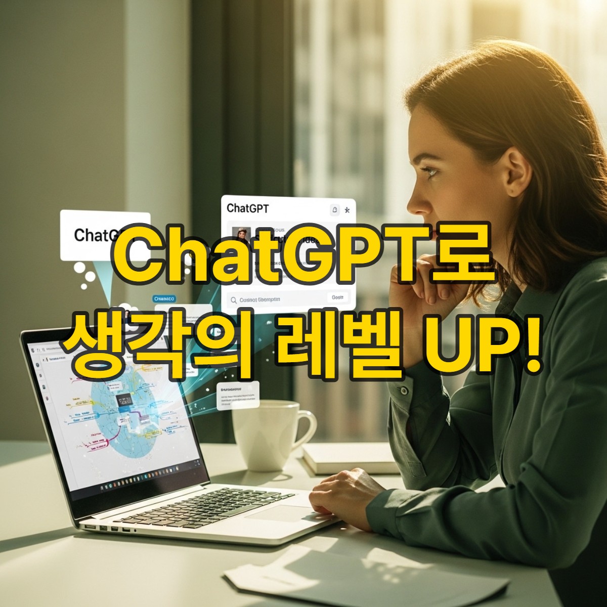 노트북 화면 속 ChatGPT와 함께 아이디어를 발상하고 정리하는 모습. 현대적인 작업 공간에서 자연 친화적인 초록색과 따뜻한 빛이 어우러져 창의적인 분위기를 연출합니다.