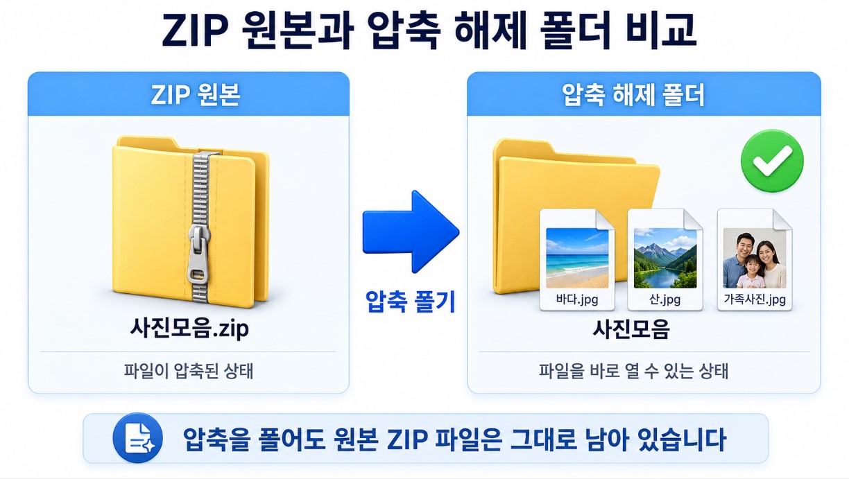 ZIP 원본과 압축 해제 폴더 비교